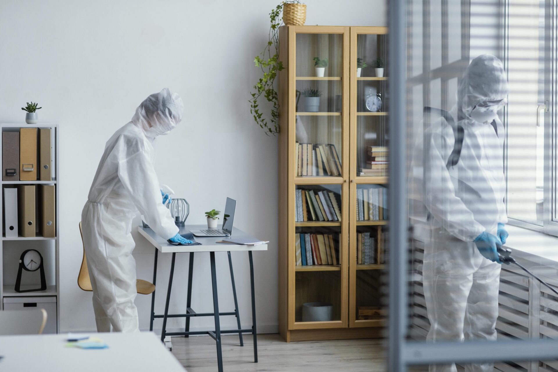 Pestaway in white protective gear performing domestic pest control